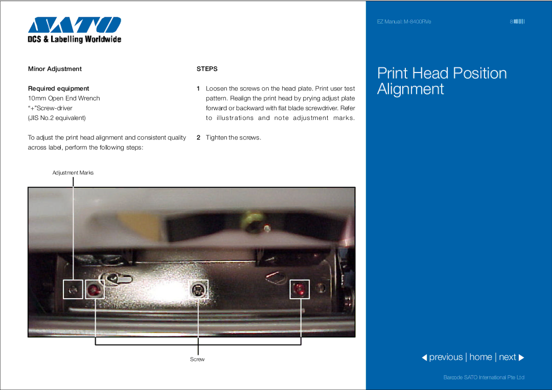 SATO 8400RVe manual Print Head Position Alignment 