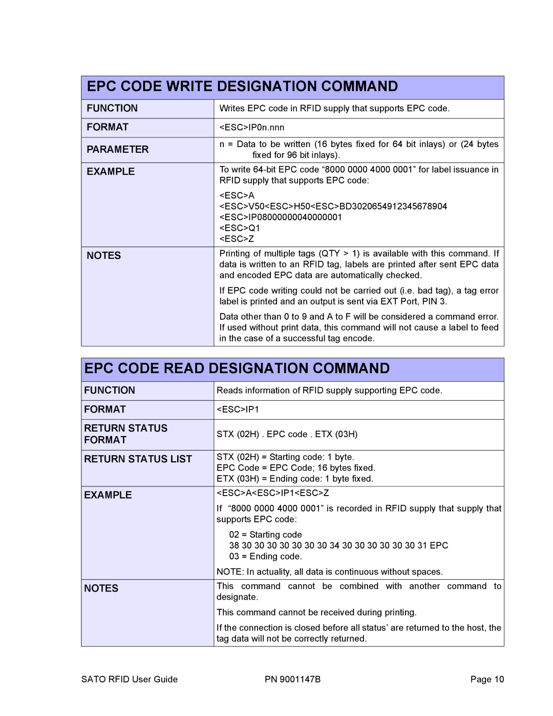 SATO 9001147B manual EPC Code Write Designation Command, EPC Code Read Designation Command 