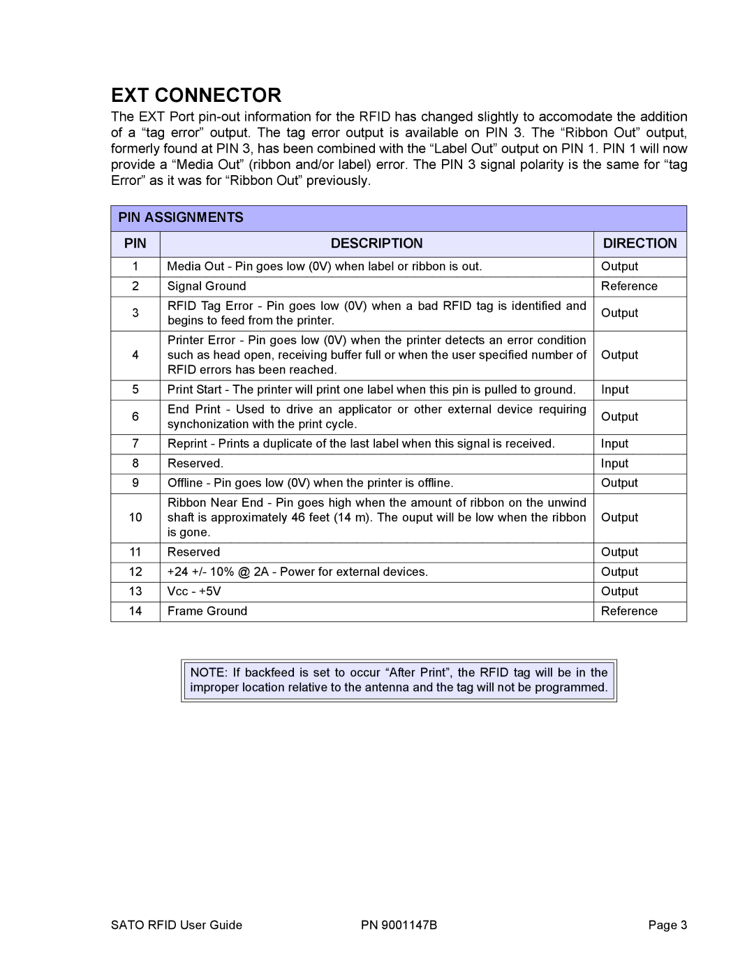 SATO 9001147B manual EXT Connector, PIN Assignments Description Direction 