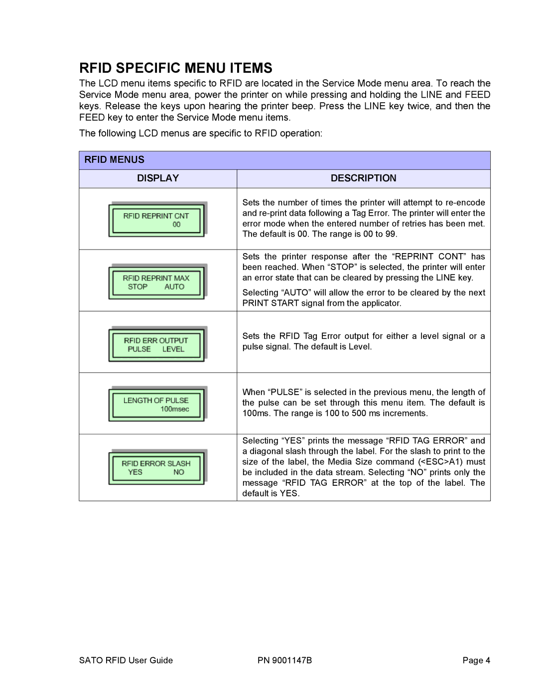 SATO 9001147B manual Rfid Specific Menu Items, Rfid Menus Display Description 