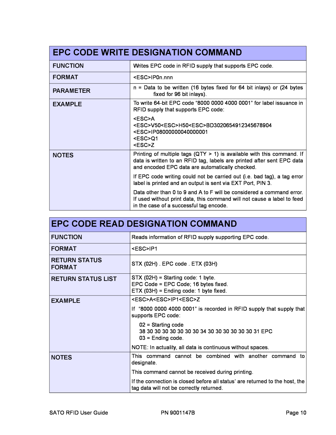 SATO 9001147B Epc Code Write Designation Command, Epc Code Read Designation Command, Function, Format, Parameter, Example 