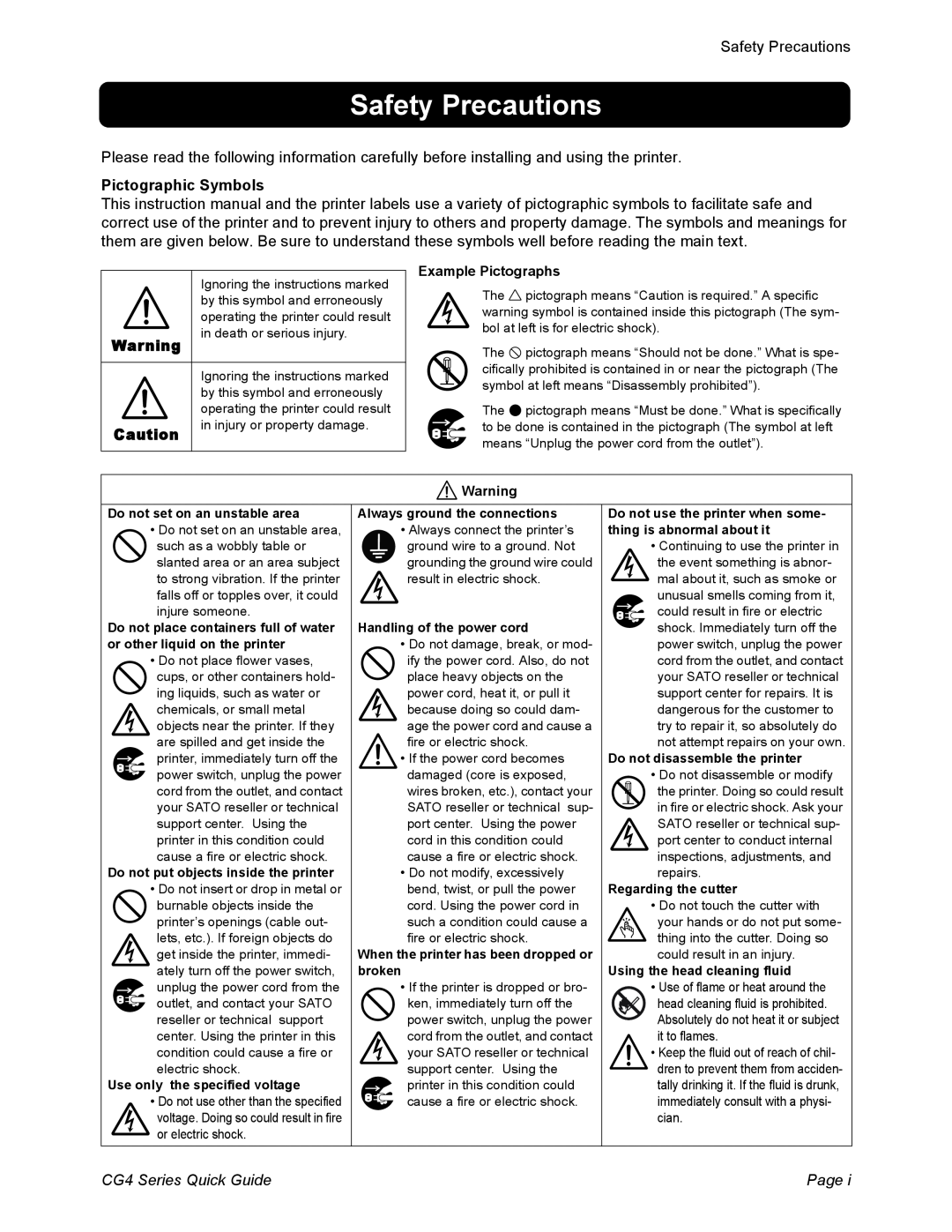 SATO CG408TT, CG412DT, CG408DT, CG412TT manual Safety Precautions, Pictographic Symbols, CG4 Series Quick Guide, Page 