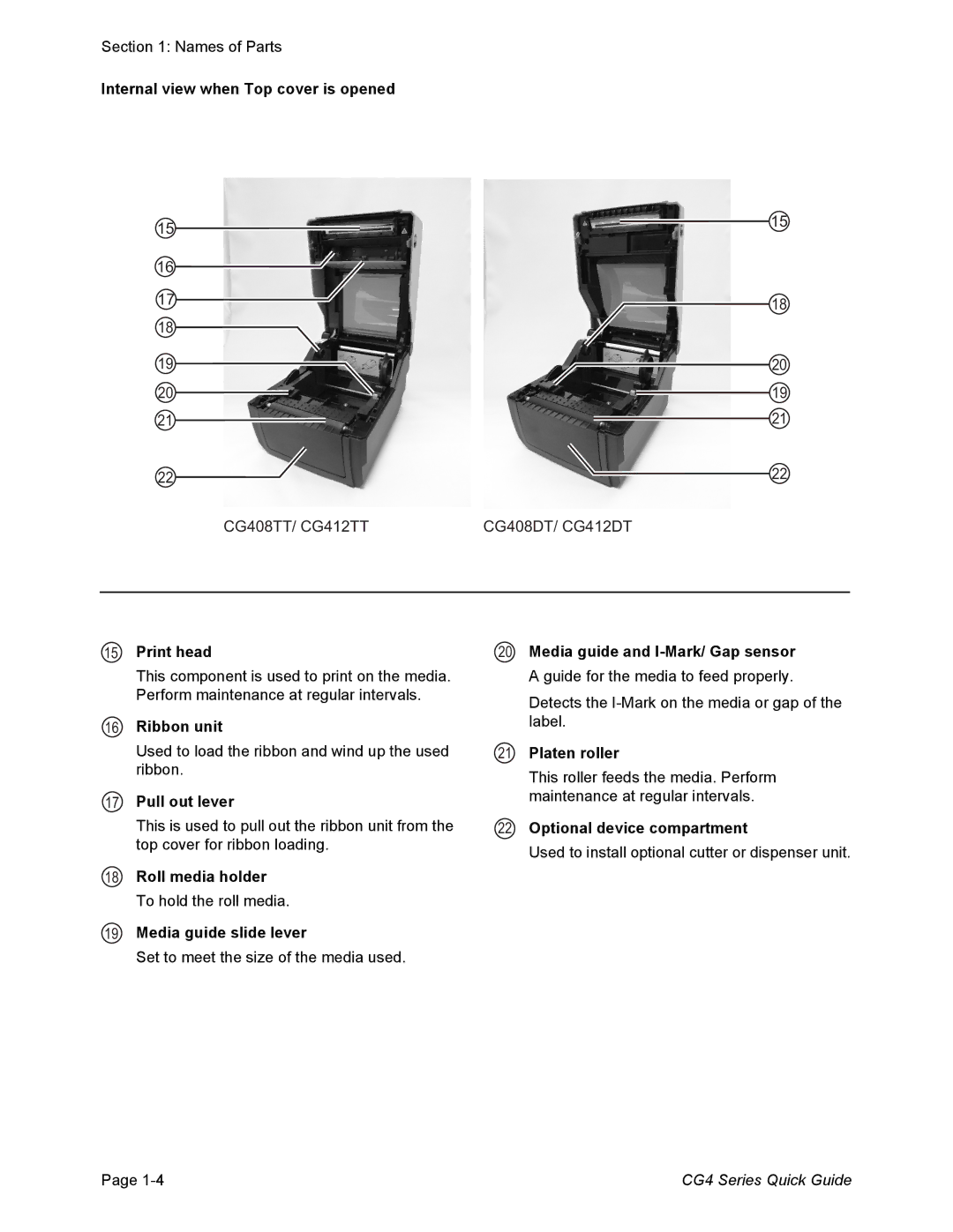 SATO CG412DT, CG408DT manual Internal view when Top cover is opened, Print head, Ribbon unit, Pull out lever, Platen roller 