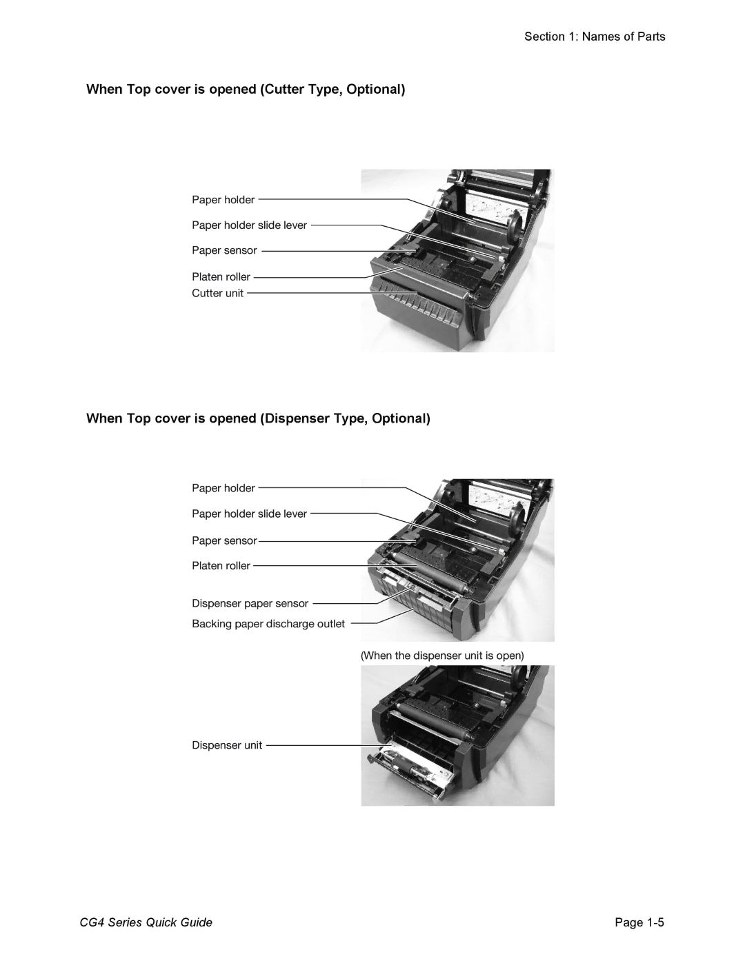 SATO CG408DT, CG412DT, CG412TT, CG408TT manual When Top cover is opened Cutter Type, Optional 