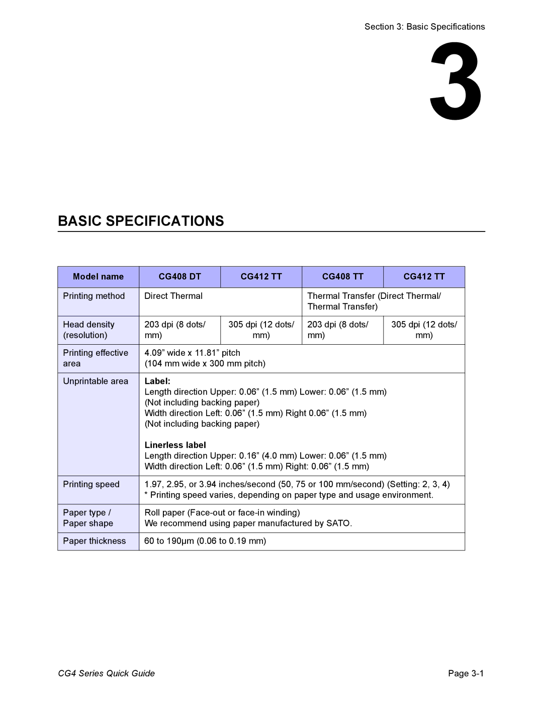 SATO CG408TT, CG412DT, CG408DT, CG412TT Basic Specifications, Model name CG408 DT CG412 TT CG408 TT, Label, Linerless label 