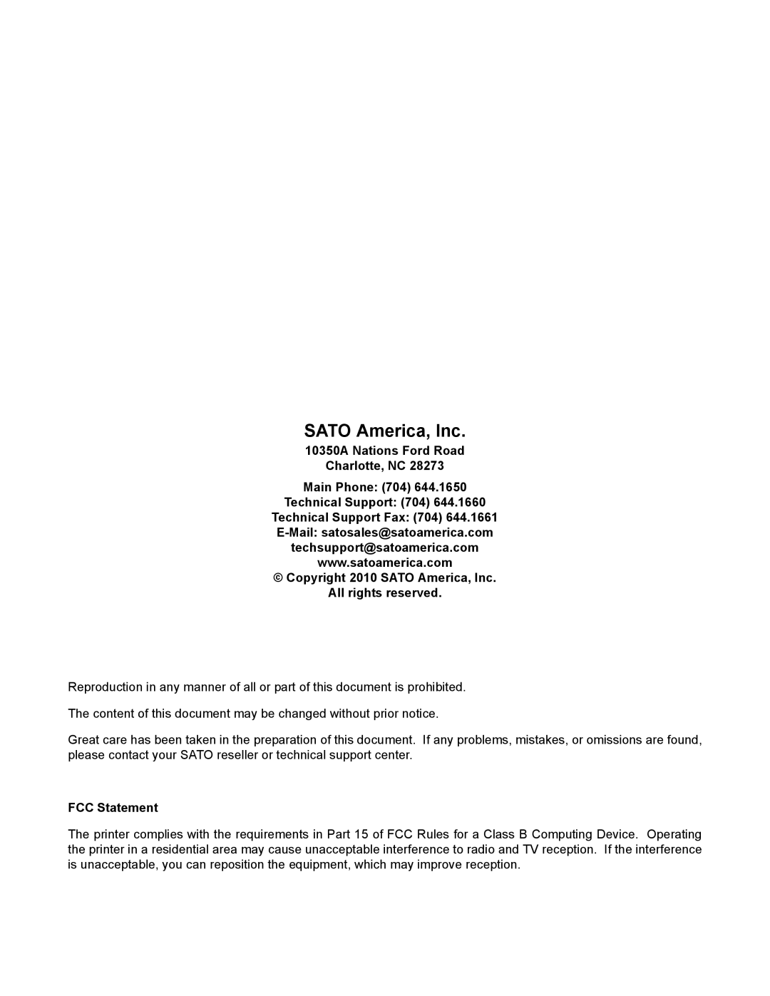 SATO CG412TT, CG412DT, CG408DT, CG408TT manual Sato America, Inc, FCC Statement 