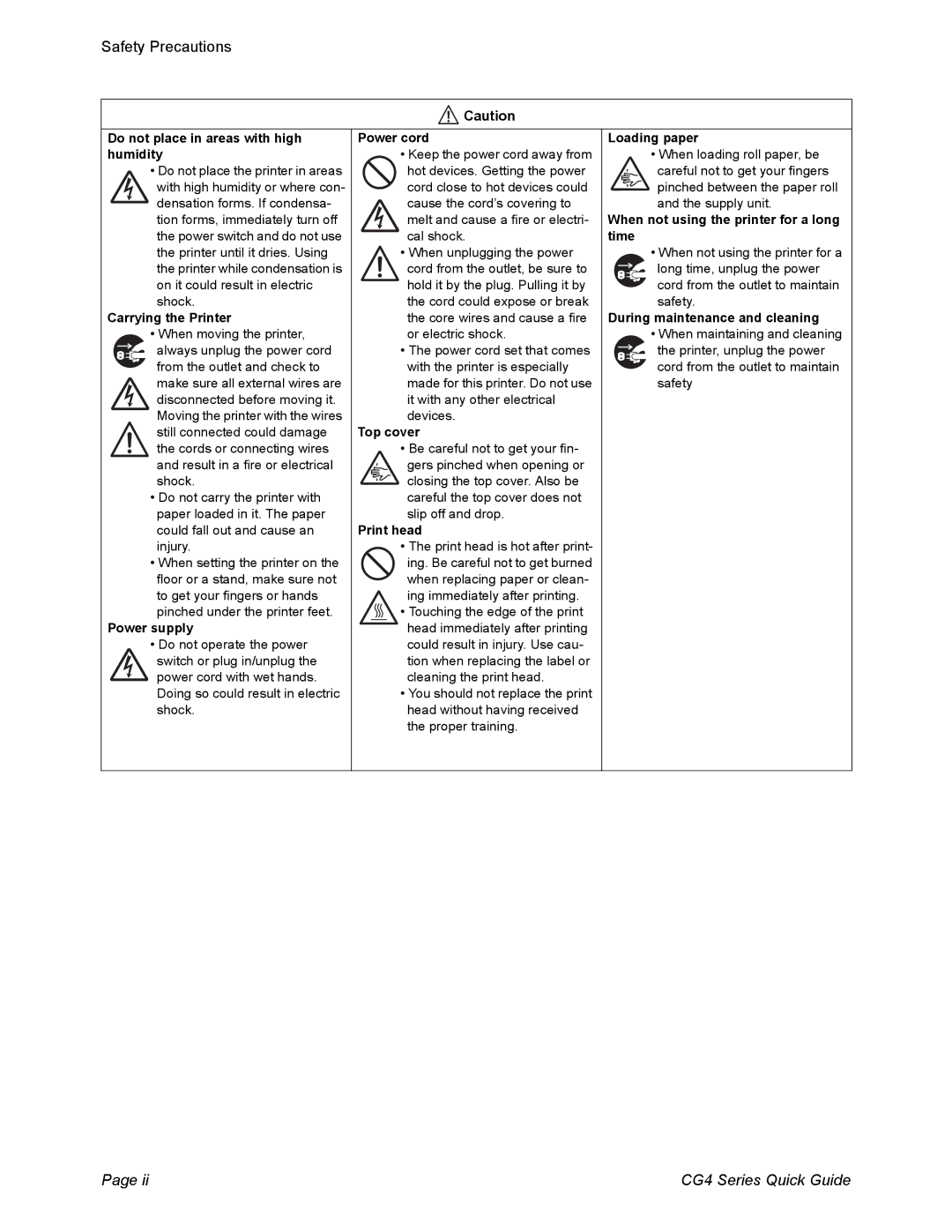 SATO CG412DT, CG408DT, CG412TT, CG408TT manual Do not place in areas with high humidity 