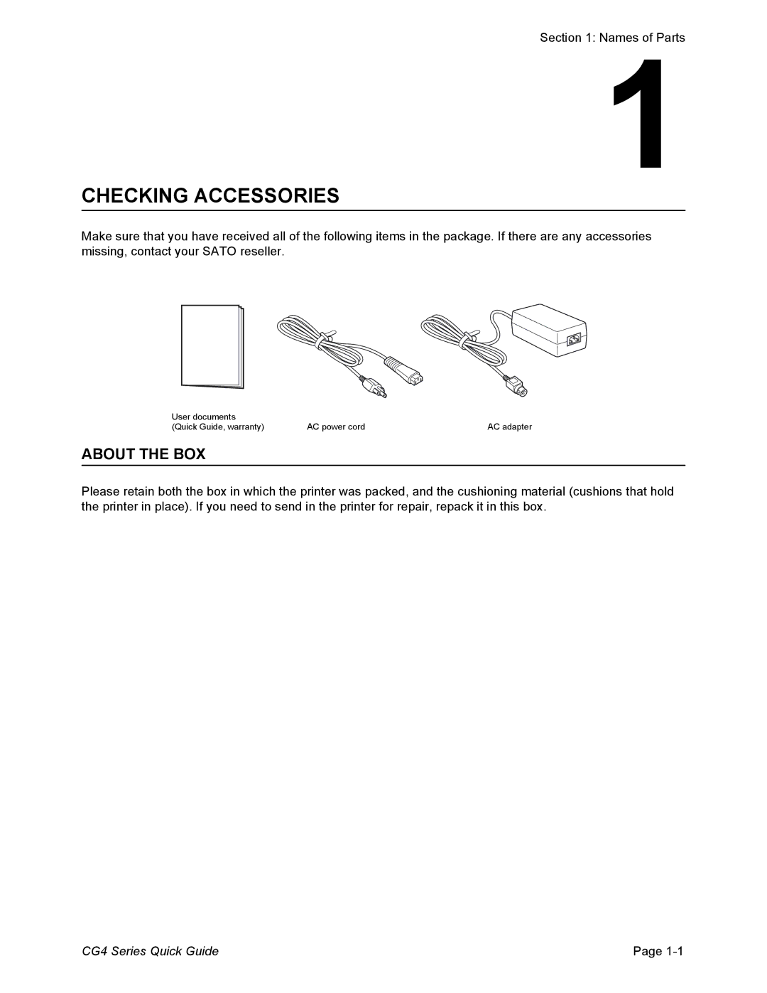 SATO CG408DT, CG412DT, CG412TT, CG408TT manual Checking Accessories, About the BOX 