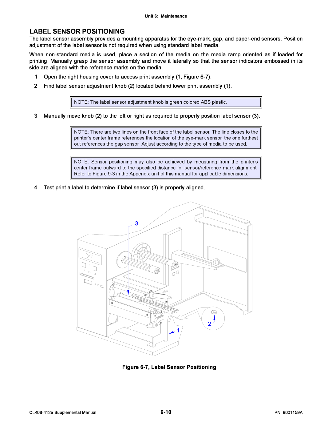 SATO CL408-412e manual 7, Label Sensor Positioning, 6-10 