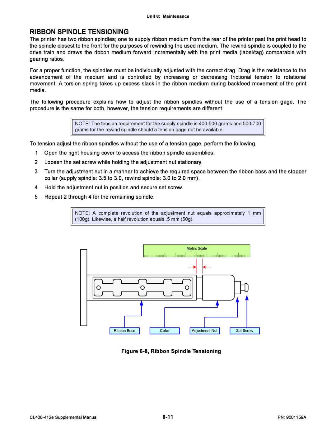 SATO CL408-412e manual 8, Ribbon Spindle Tensioning, 6-11 