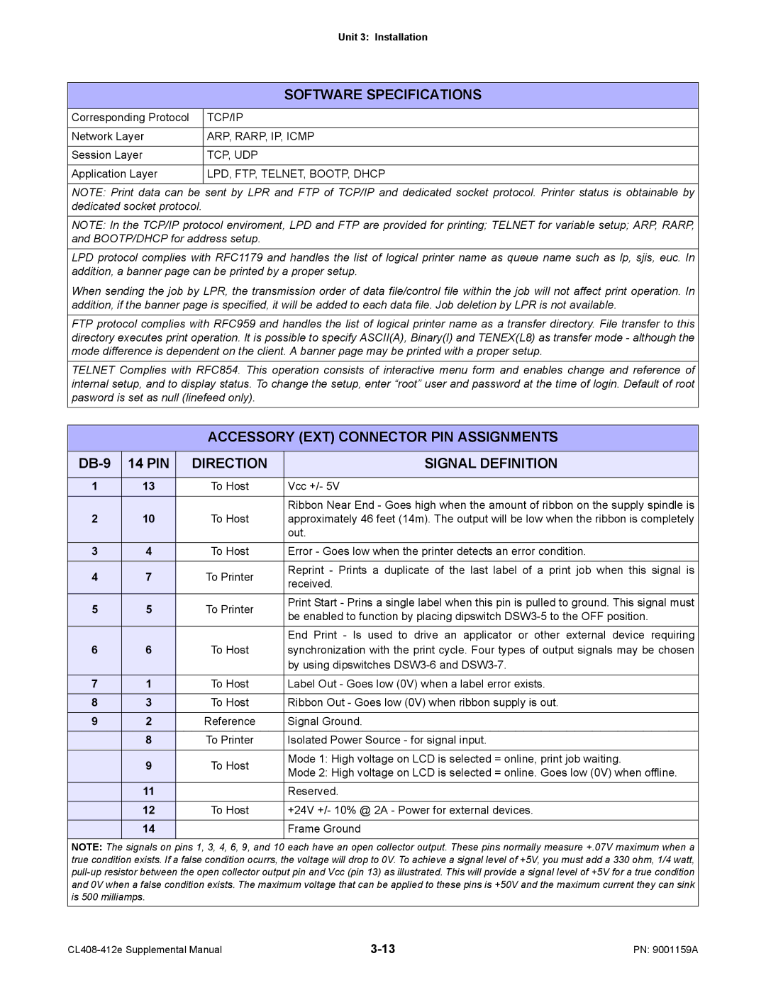 SATO CL408-412e manual Software Specifications, Accessory EXT Connector PIN Assignments, Direction Signal Definition 