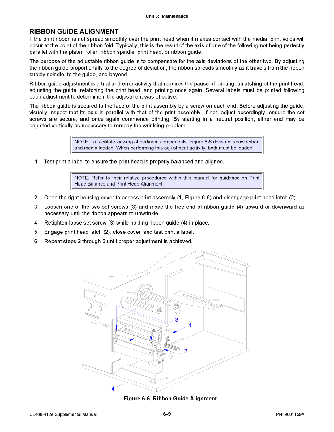 SATO CL408-412e manual Ribbon Guide Alignment, Head Balance and Print Head Alignment 