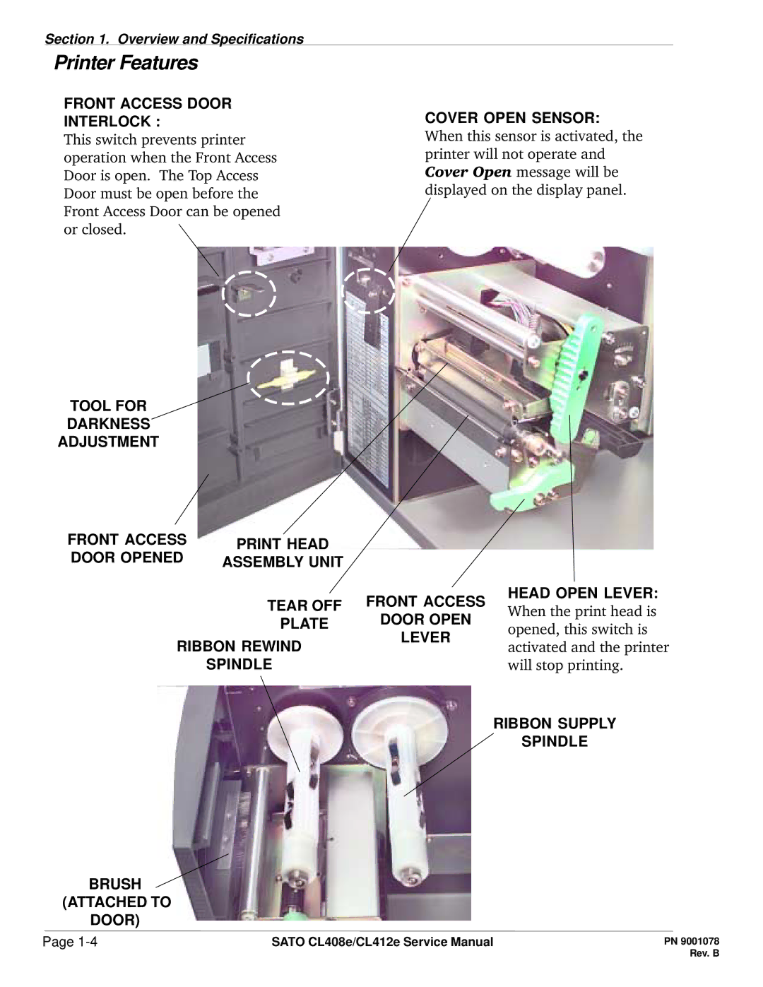 SATO CL412E service manual Front Access Door Interlock, Ribbon Supply Spindle 