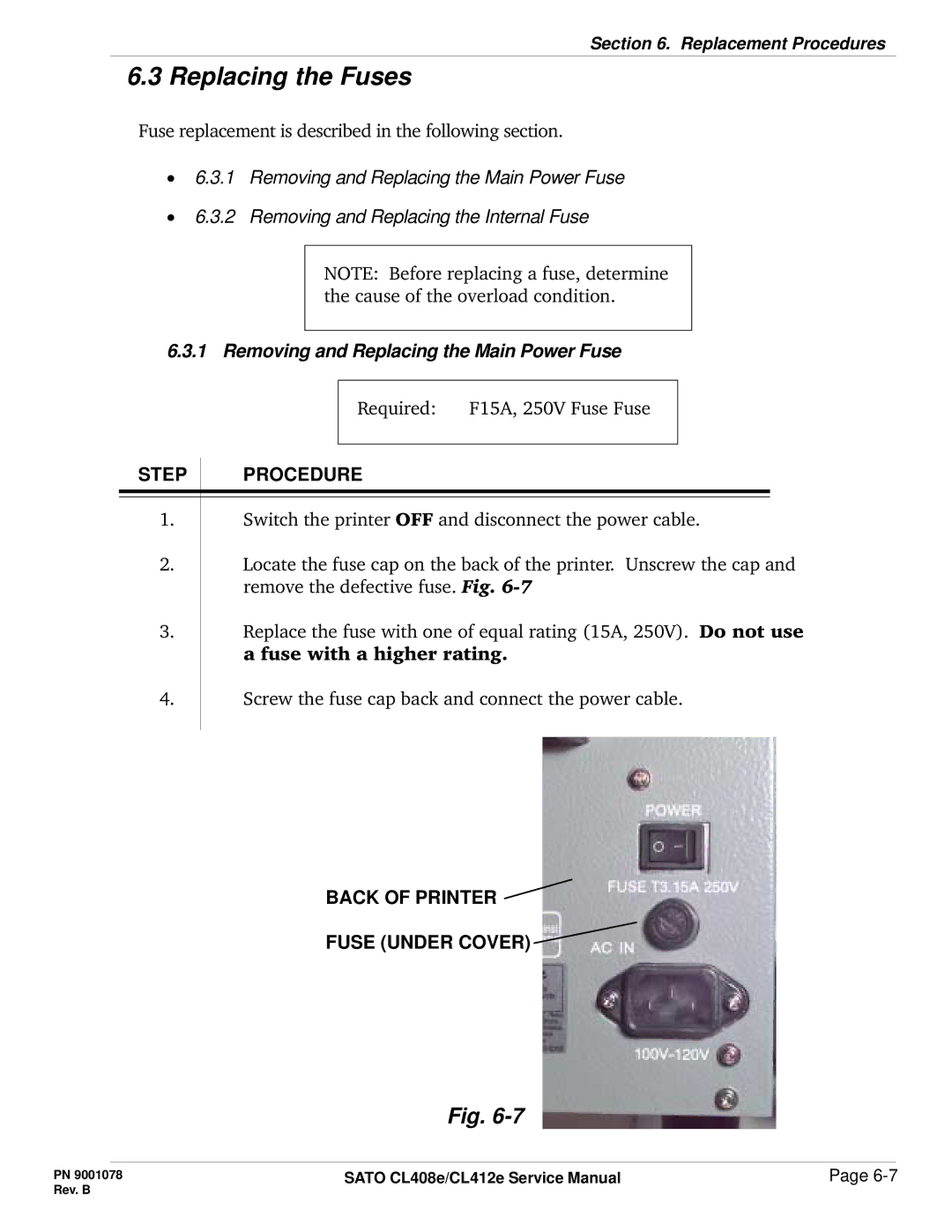 SATO CL412E service manual Replacing the Fuses, Back of Printer Fuse Under Cover 