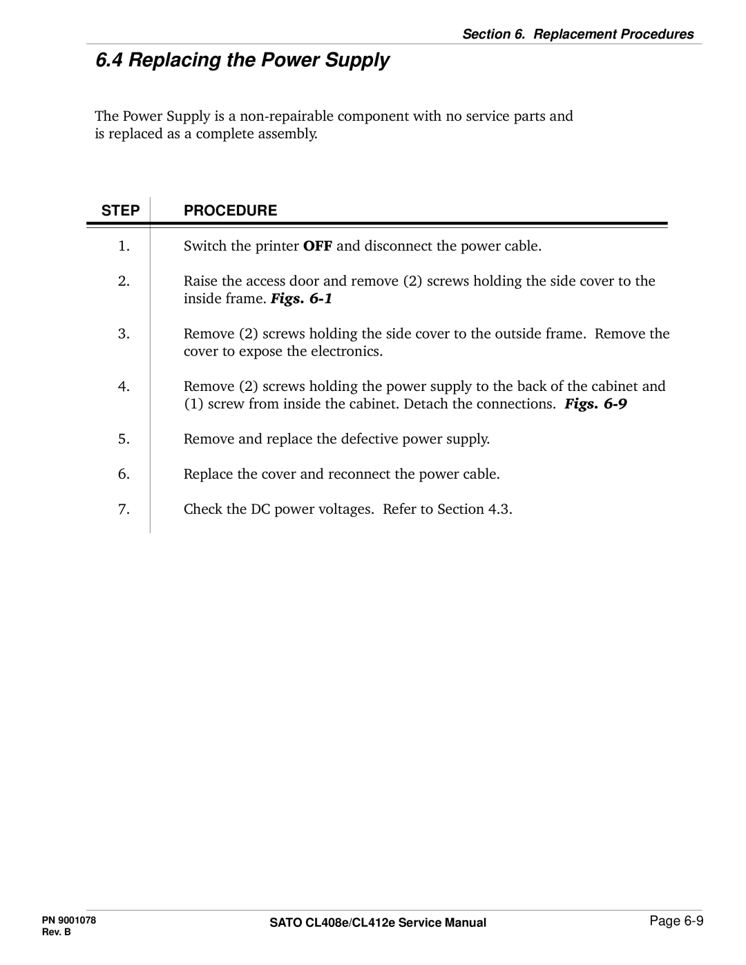 SATO CL412E service manual Replacing the Power Supply 