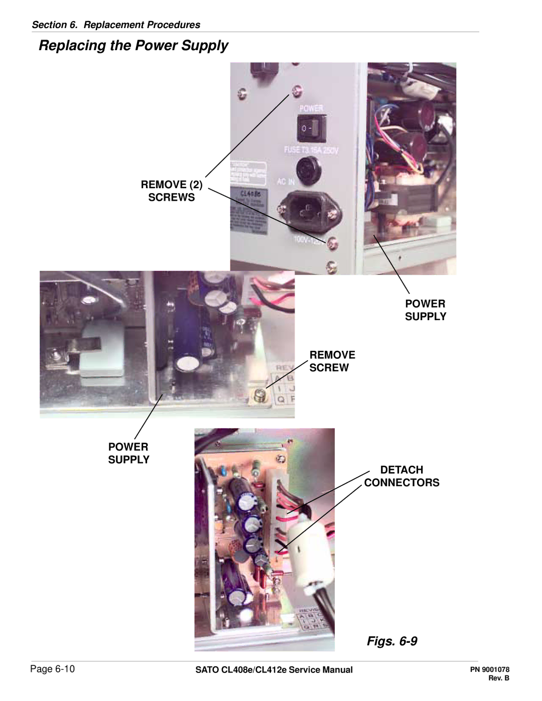 SATO CL412E service manual Figs, Remove Screws Power Supply Detach Connectors 