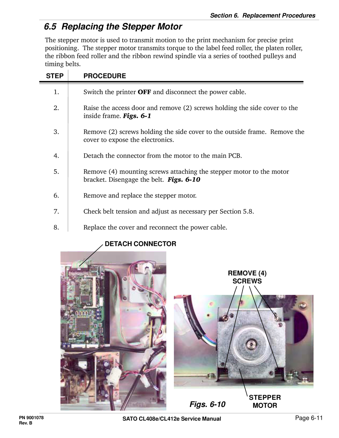 SATO CL412E service manual Replacing the Stepper Motor, Detach Connector Remove Screws 