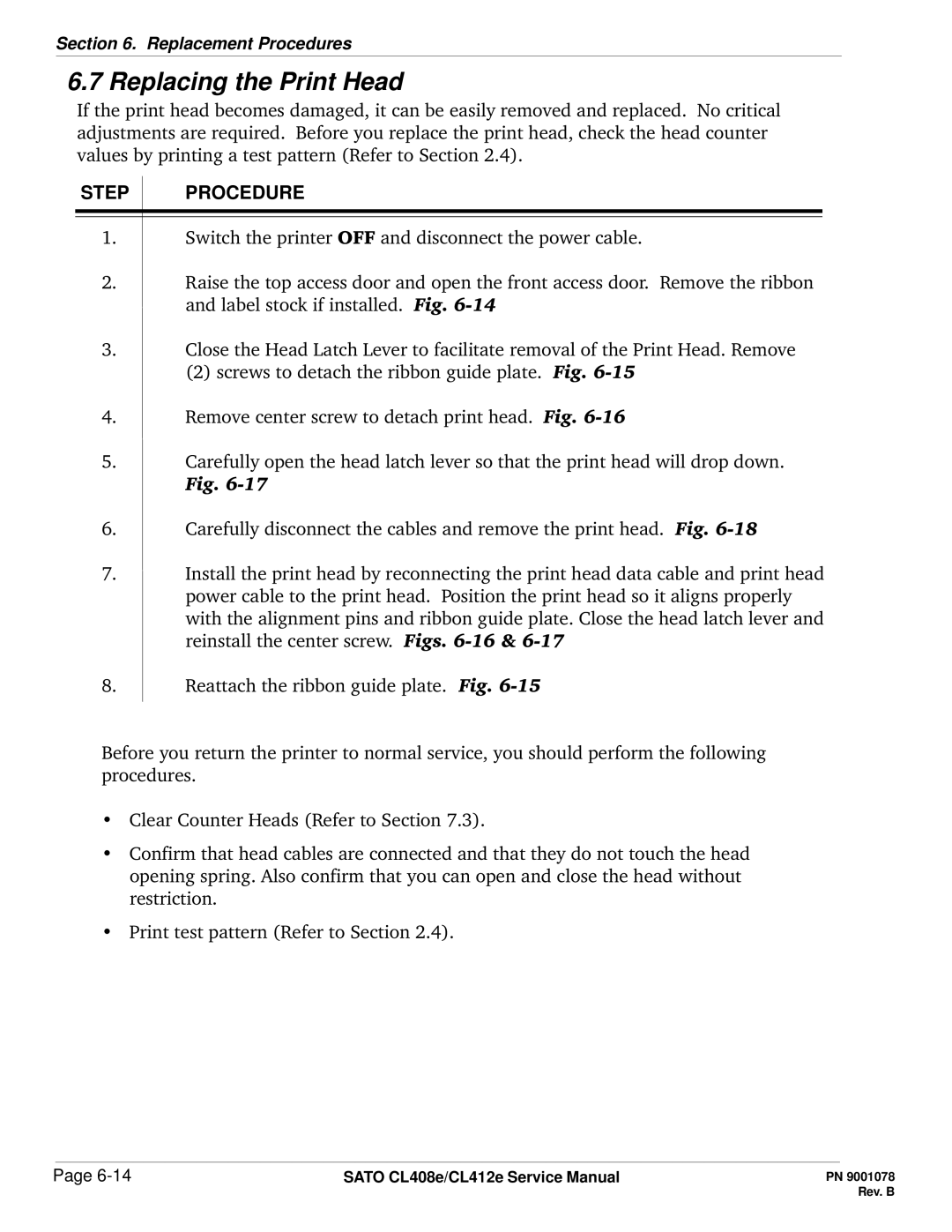 SATO CL412E service manual Replacing the Print Head 