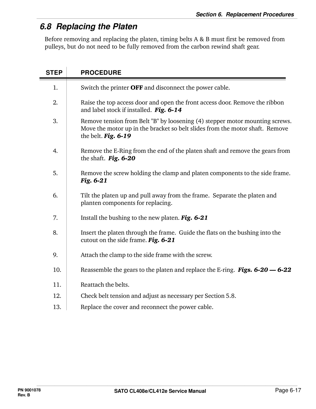 SATO CL412E service manual Replacing the Platen, Step Procedure 