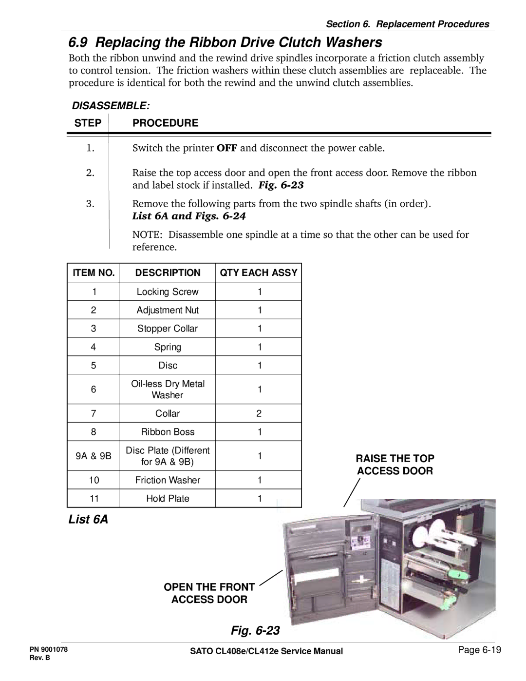 SATO CL412E service manual Replacing the Ribbon Drive Clutch Washers, List 6A, Open the Front Access Door 