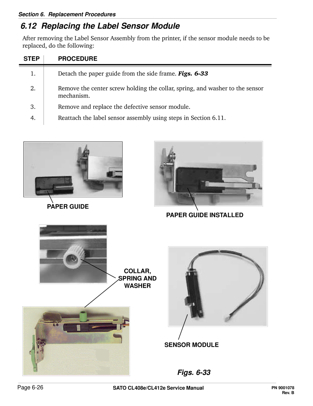 SATO CL412E service manual Replacing the Label Sensor Module 