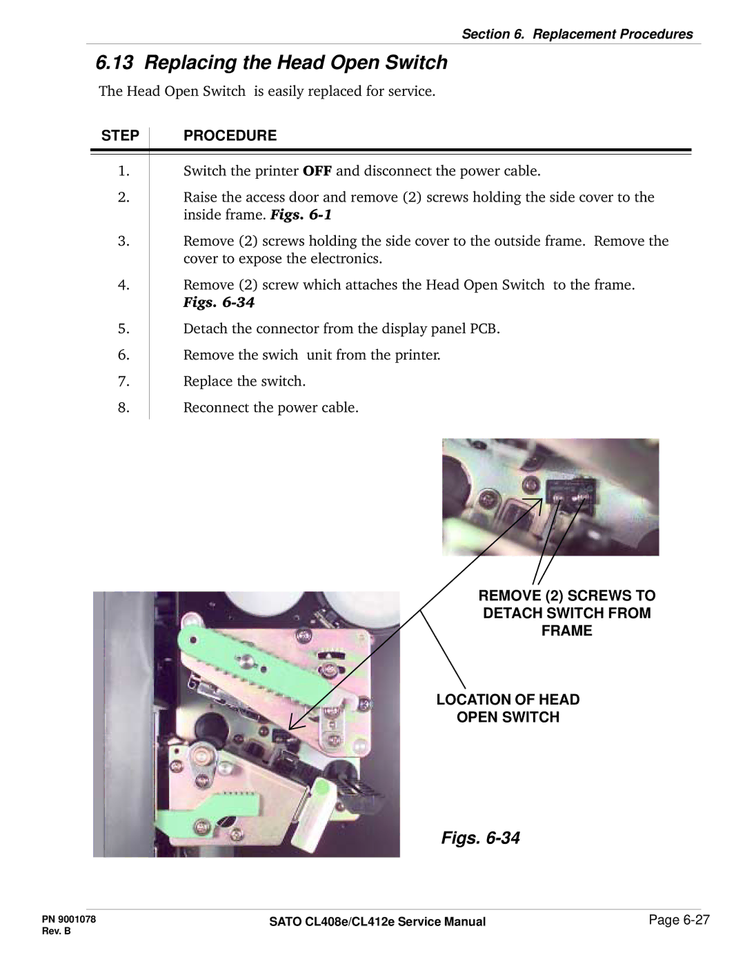 SATO CL412E service manual Replacing the Head Open Switch 