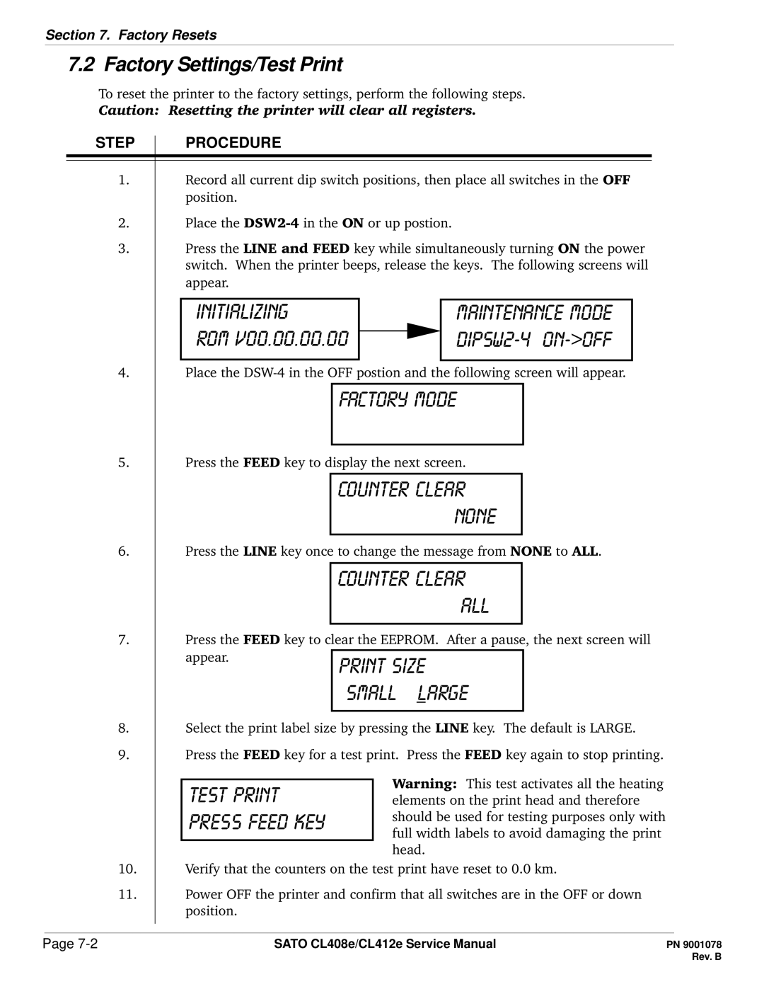 SATO CL412E service manual Small large, Factory Settings/Test Print 