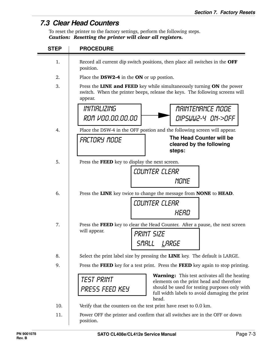 SATO CL412E service manual Factory mode, Clear Head Counters 