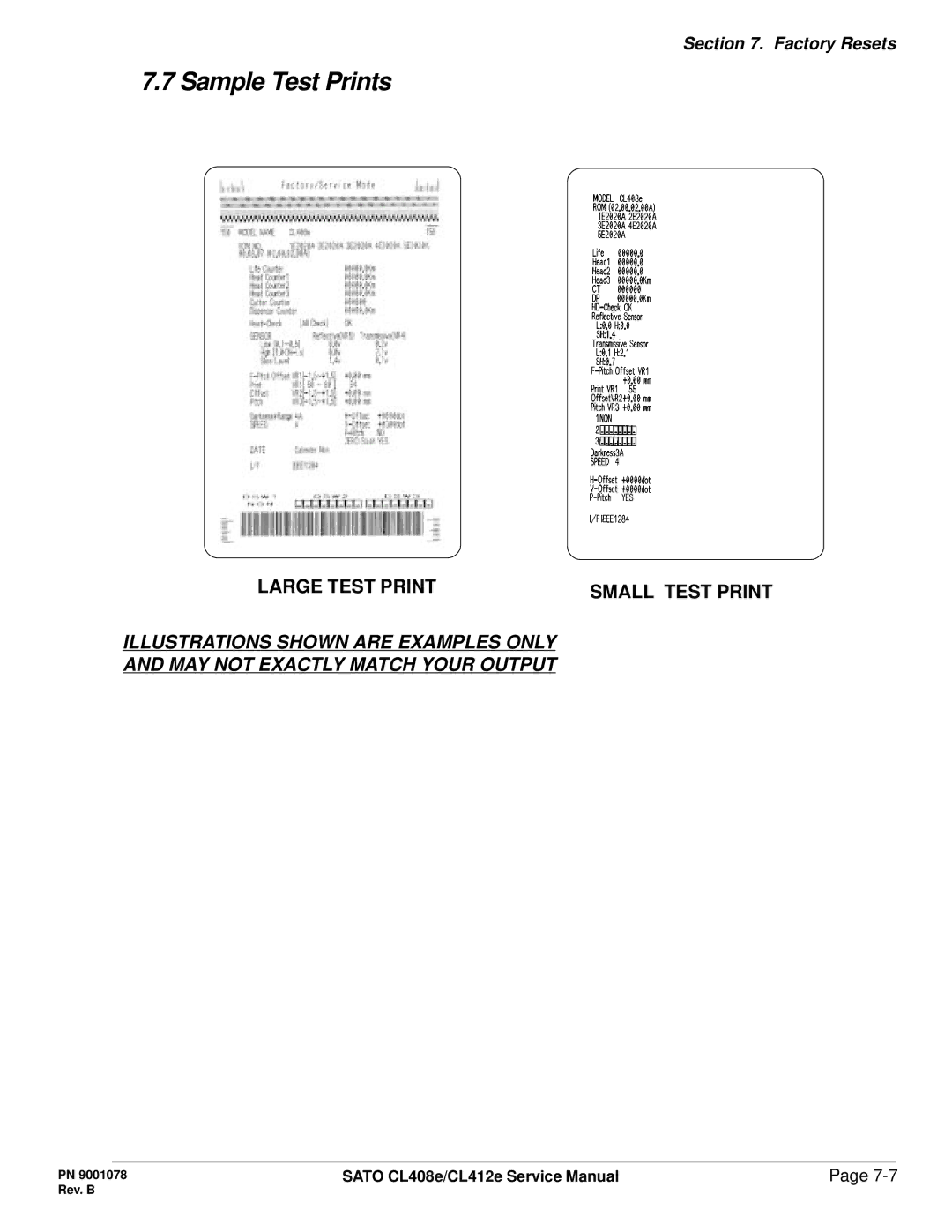 SATO CL412E service manual Sample Test Prints, Large Test Print Small Test Print 