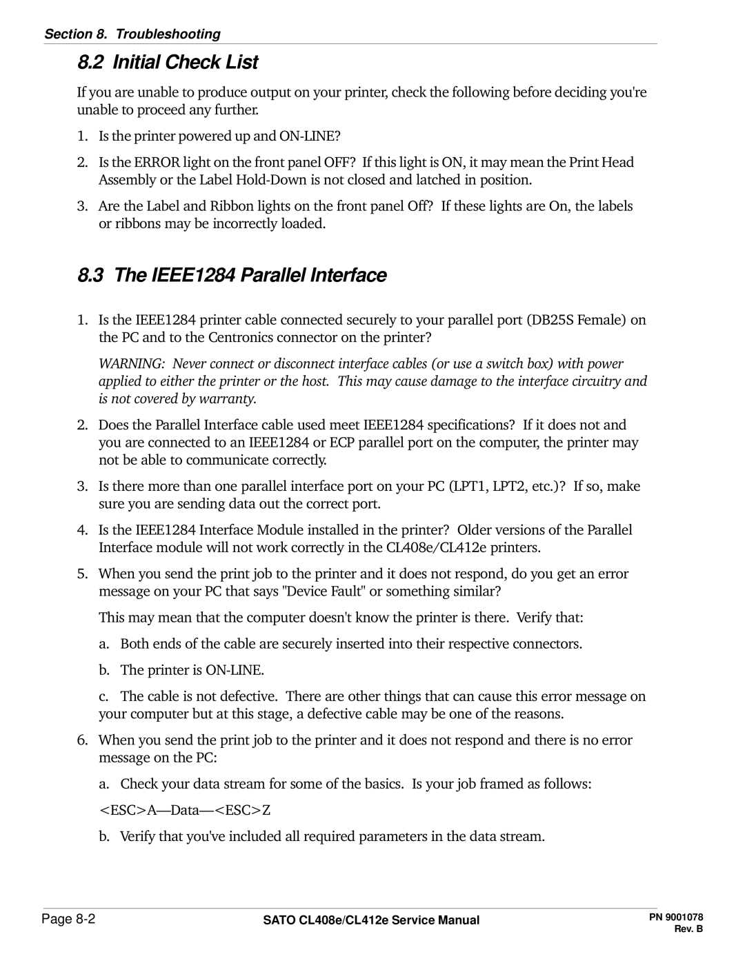 SATO CL412E service manual Initial Check List, IEEE1284 Parallel Interface 