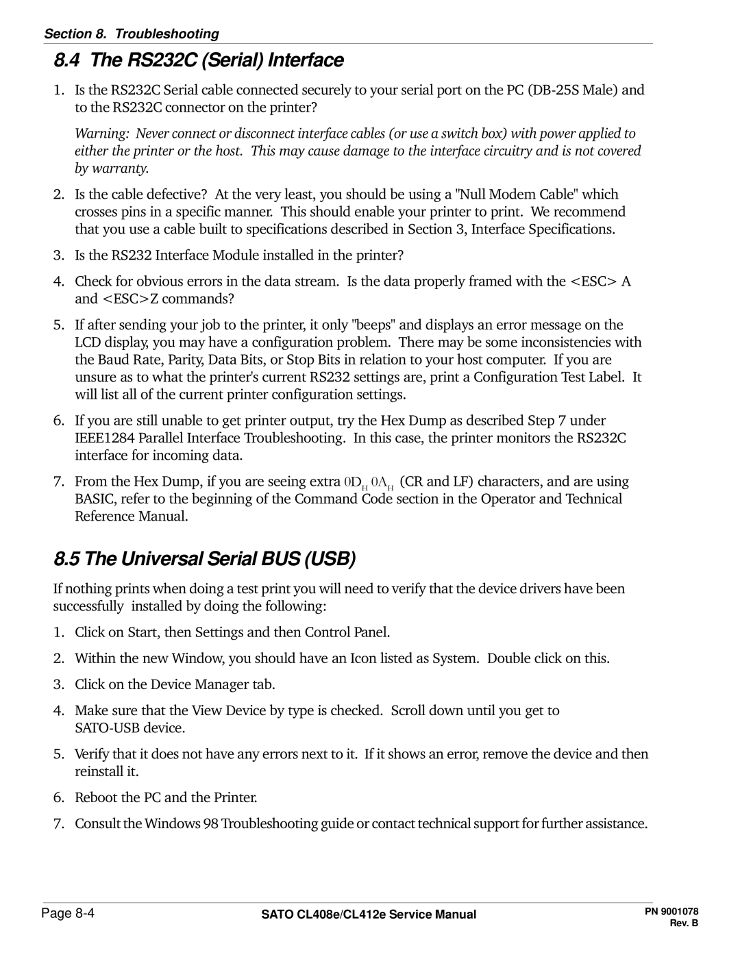 SATO CL412E service manual RS232C Serial Interface, Universal Serial BUS USB 