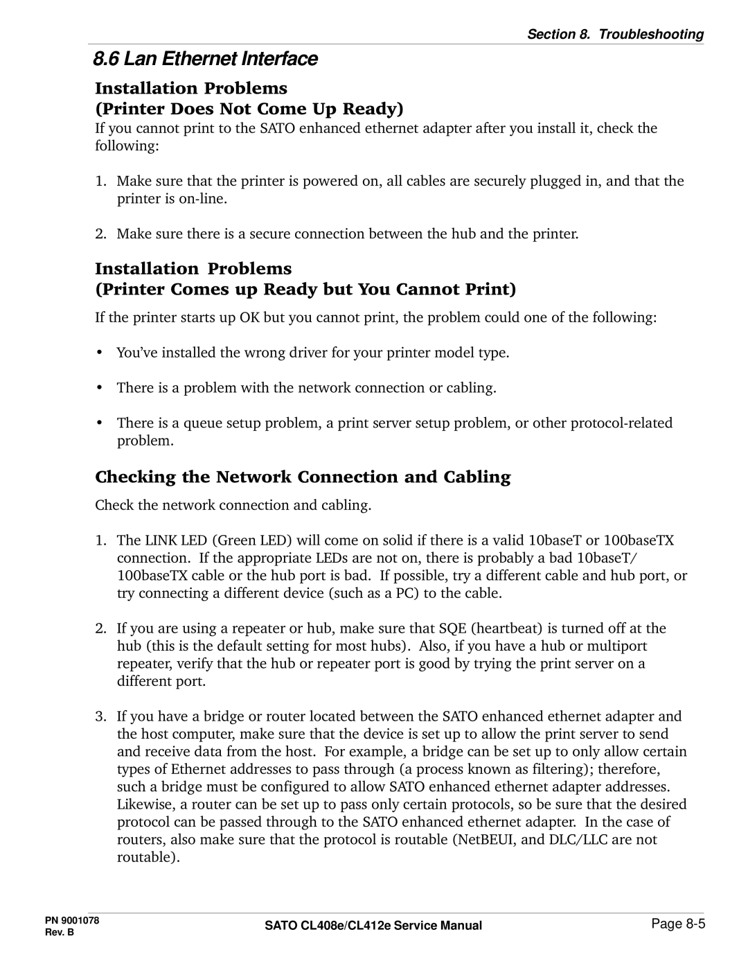 SATO CL412E service manual Lan Ethernet Interface, Installation Problems Printer Does Not Come Up Ready 