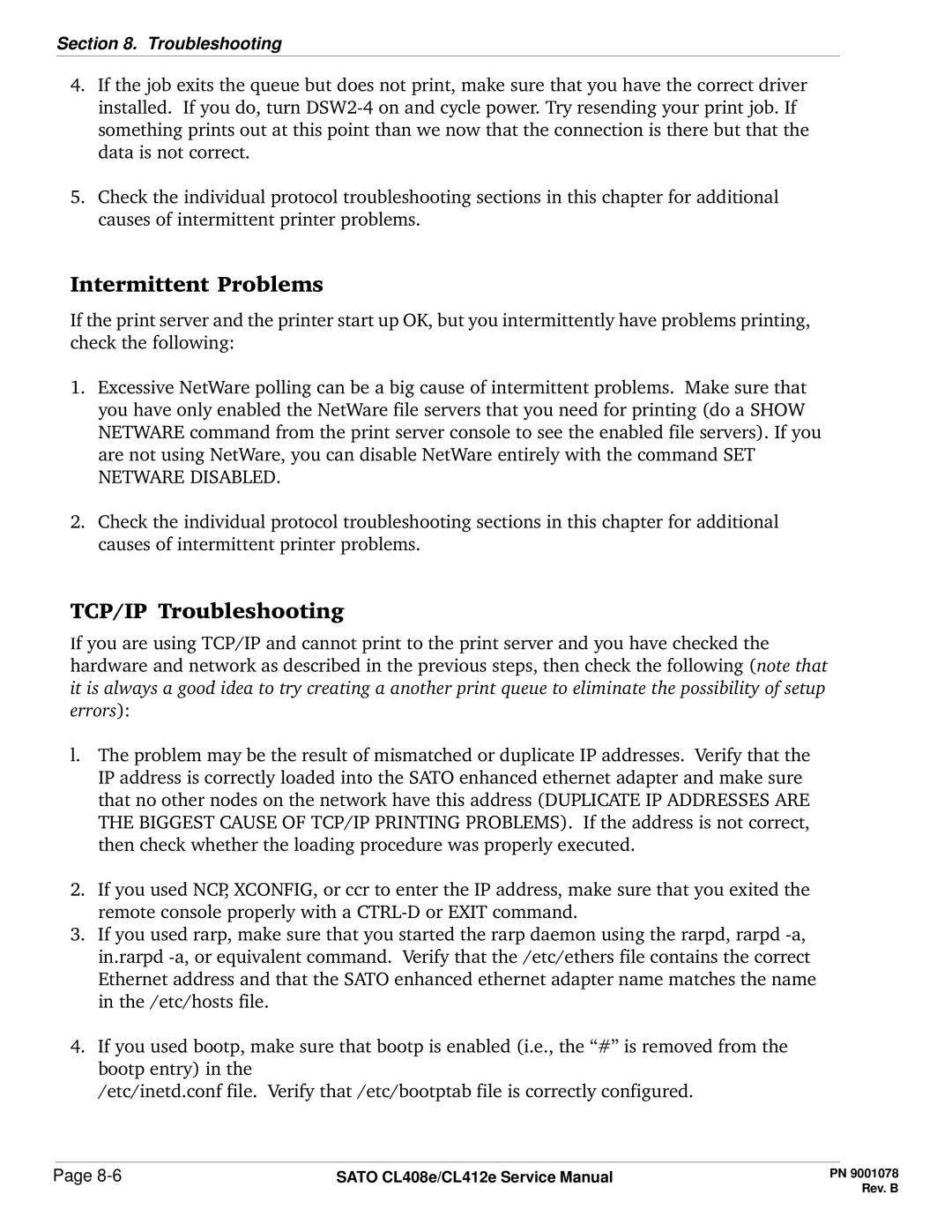 SATO CL412E service manual Intermittent Problems 