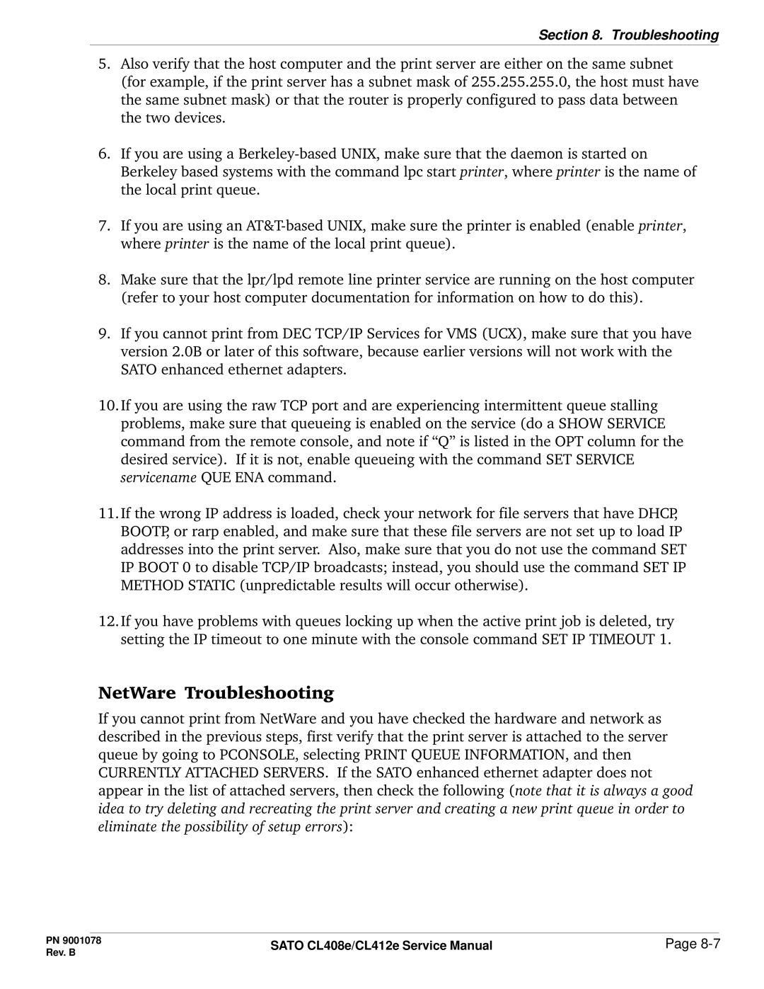 SATO CL412E service manual NetWare Troubleshooting 