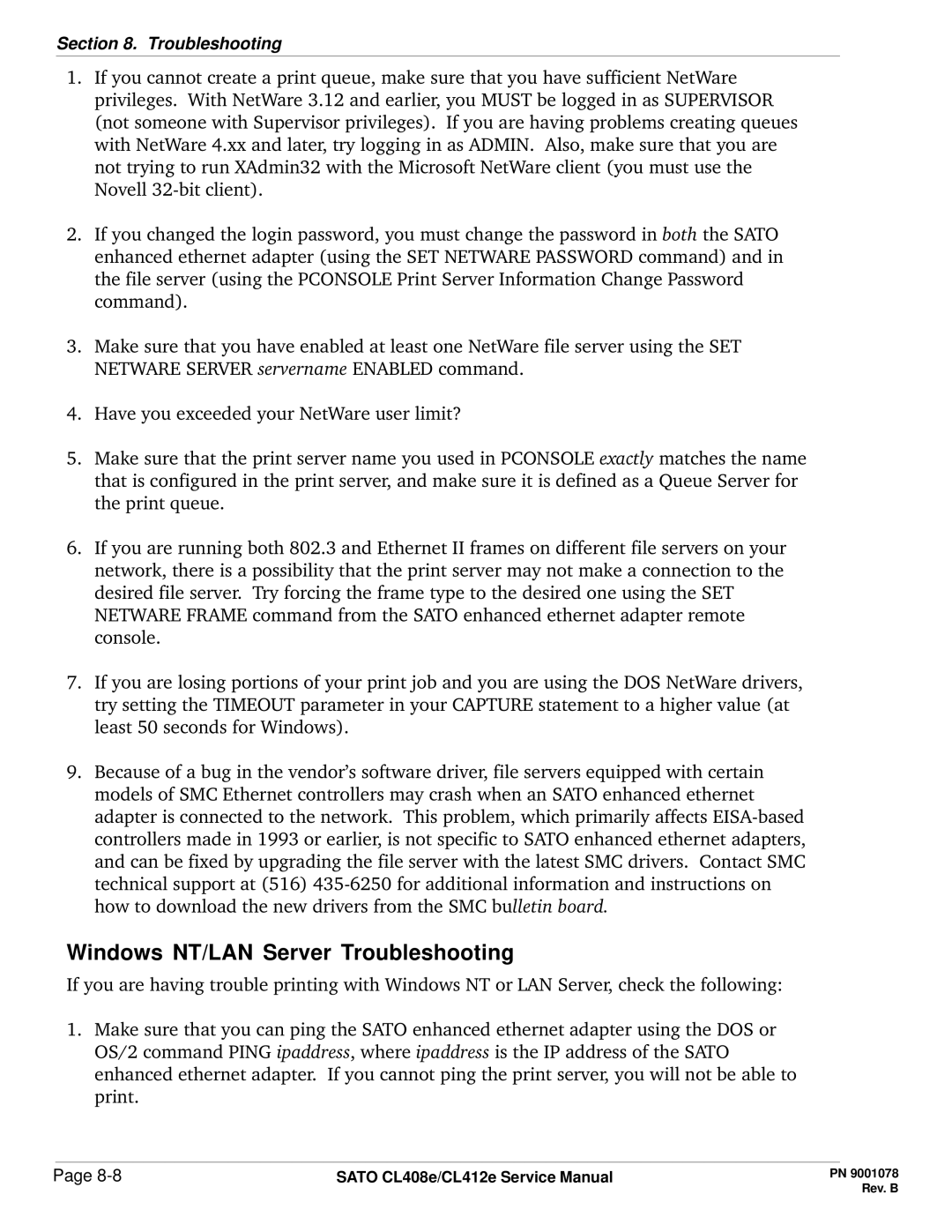 SATO CL412E service manual Windows NT/LAN Server Troubleshooting 