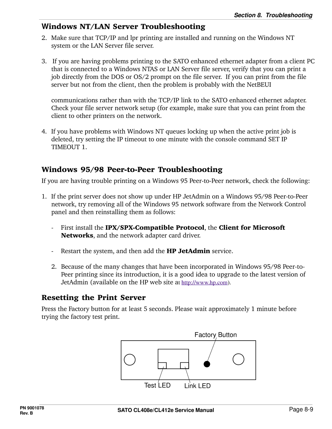 SATO CL412E service manual Windows NT/LAN Server Troubleshooting 