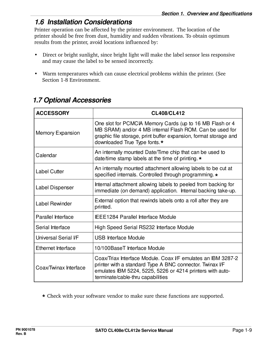 SATO CL412E service manual Installation Considerations, Optional Accessories, Accessory 