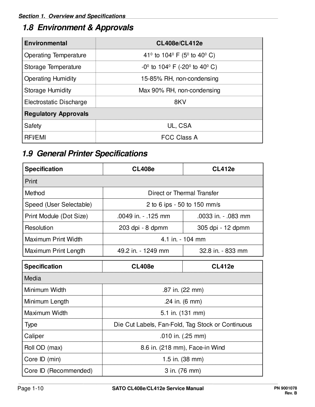 SATO CL412E service manual Environment & Approvals, General Printer Specifications 
