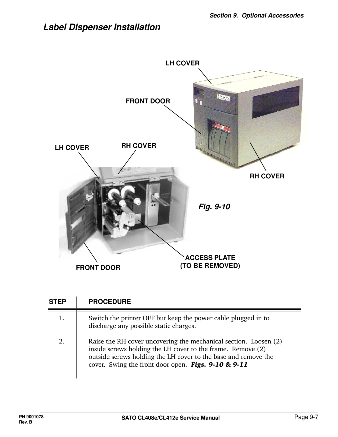 SATO CL412E service manual LH Cover Front Door, RH Cover, Front Door To be Removed Step 