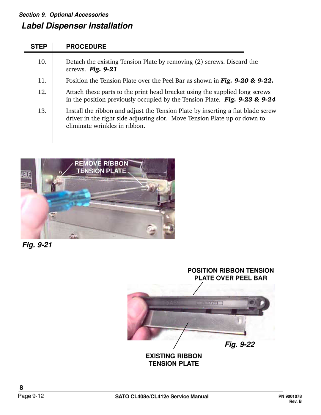 SATO CL412E service manual Remove Ribbon Tension Plate, Position Ribbon Tension Plate Over Peel BAR Existing Ribbon 