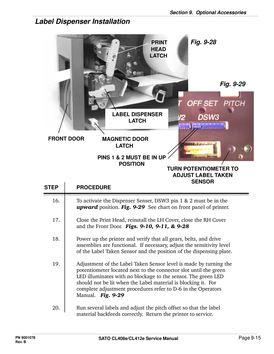 SATO CL412E service manual Head Latch Label Dispenser, Front Door Magnetic Door, Pins 1 & 2 Must be in UP 