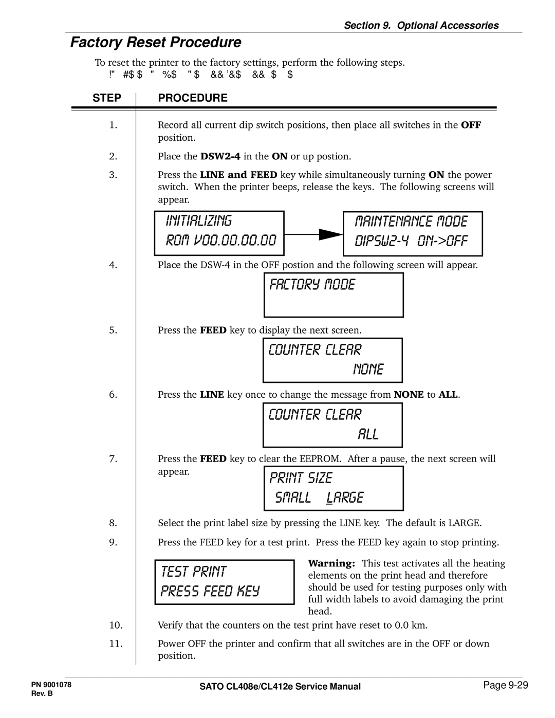 SATO CL412E service manual Initializing, Factory Reset Procedure 