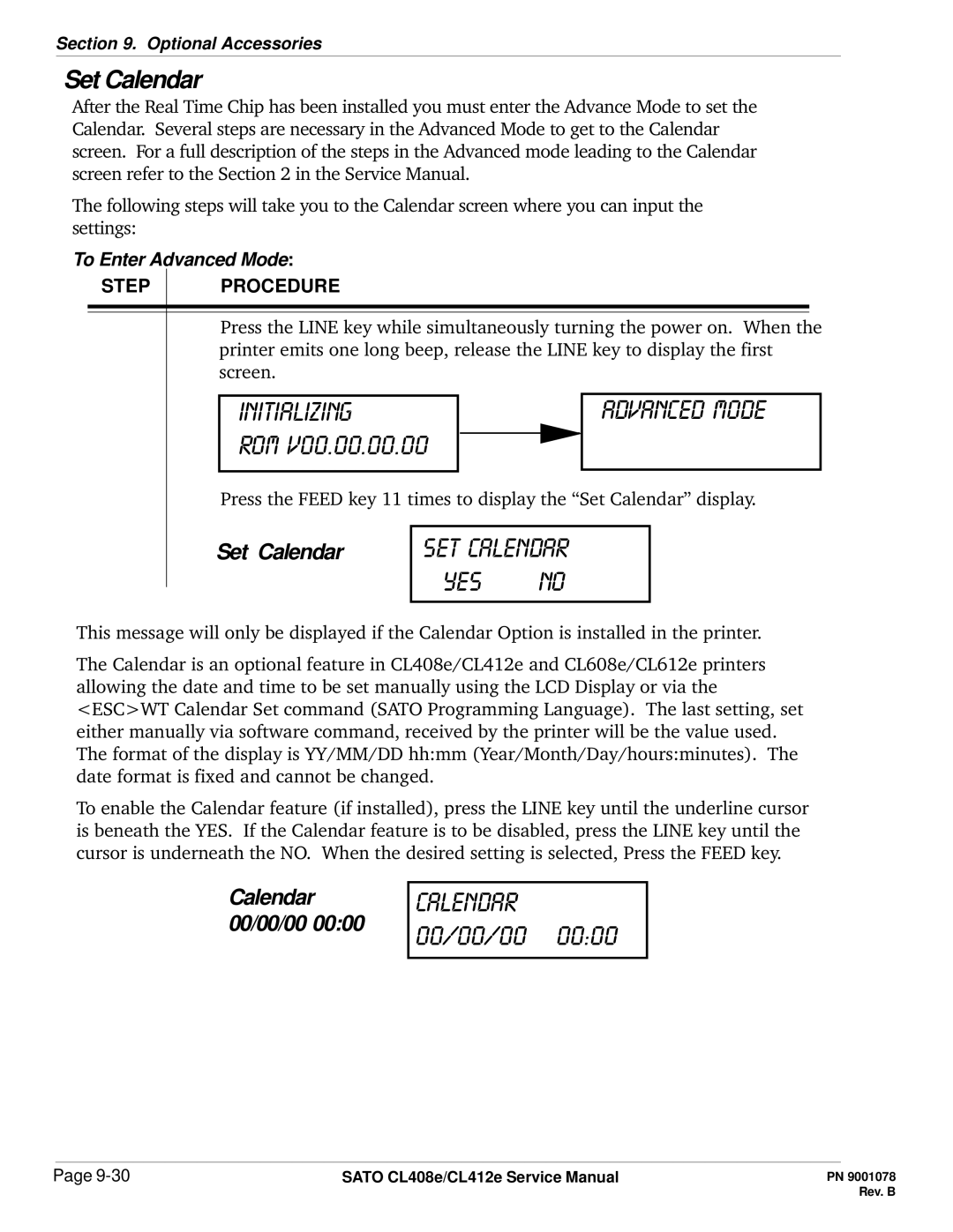 SATO CL412E service manual Set calendar Yes, Set Calendar 