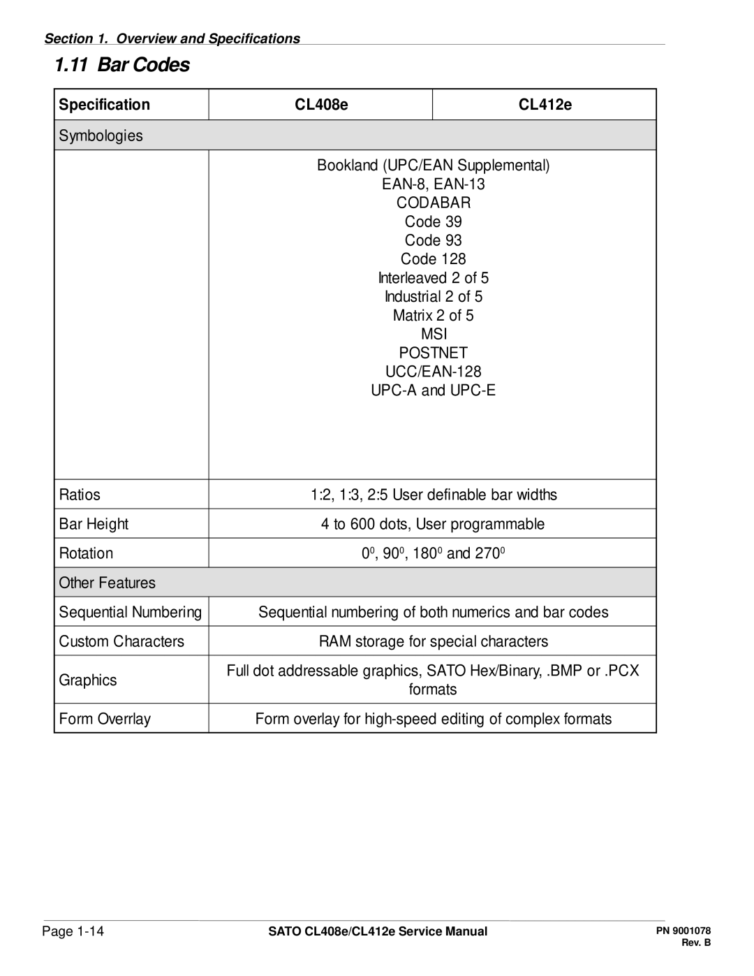 SATO CL412E service manual Bar Codes, Specification CL408e CL412e 