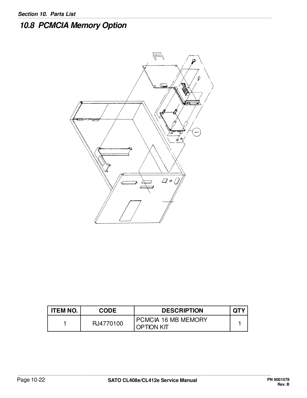 SATO CL412E service manual Pcmcia Memory Option 