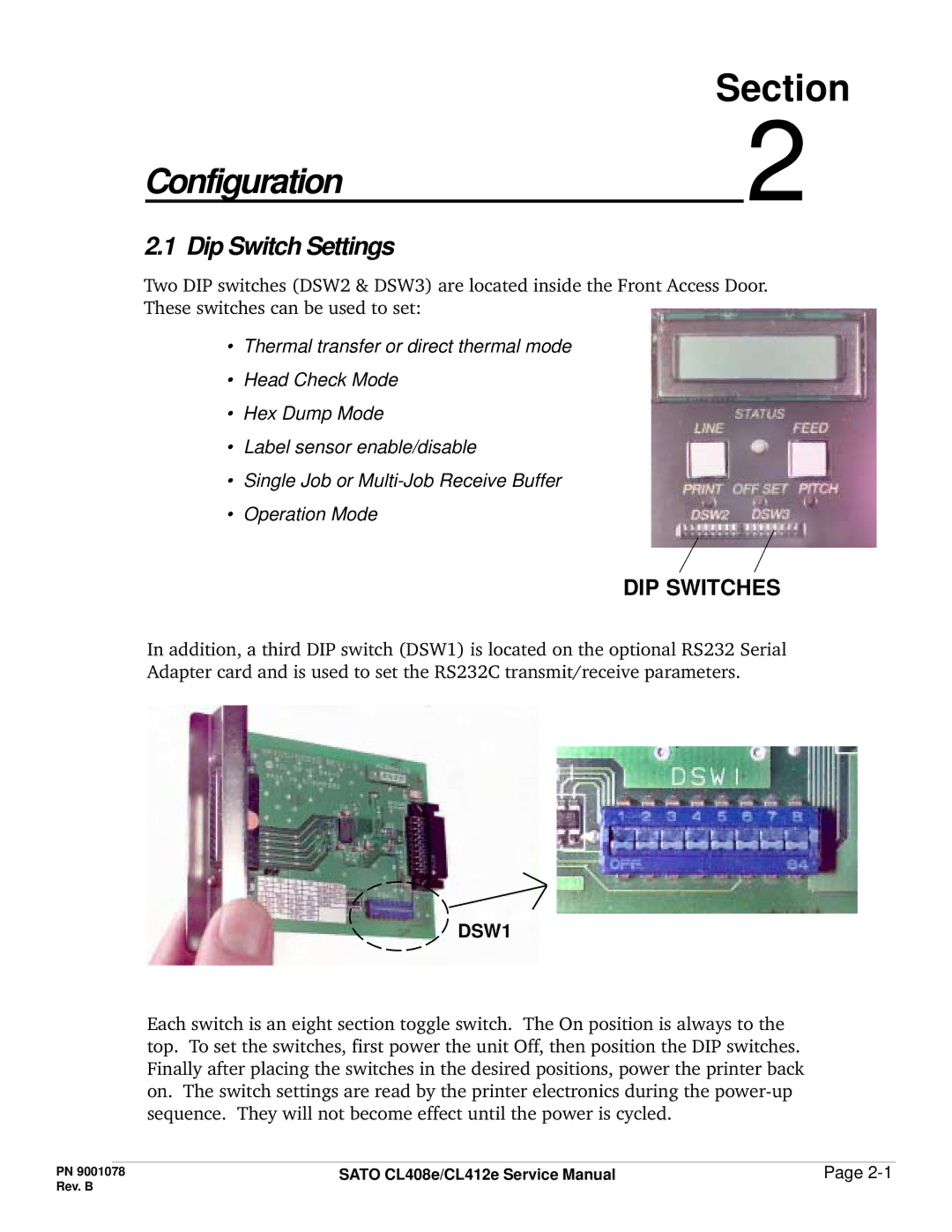 SATO CL412E service manual Dip Switch Settings, DSW1 