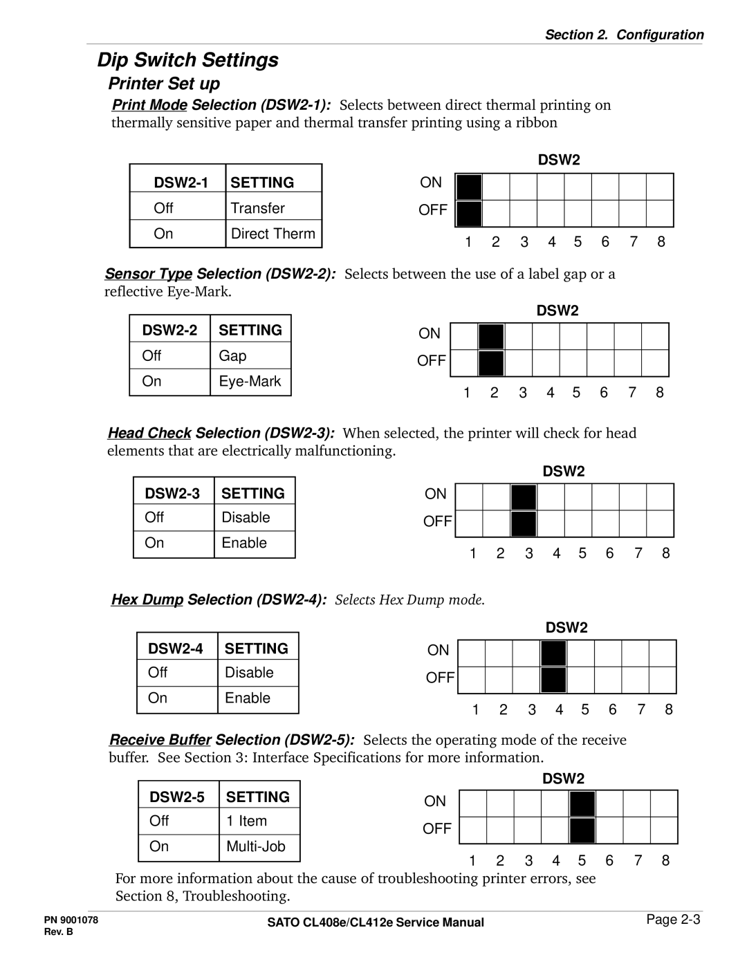 SATO CL412E service manual Printer Set up, DSW2 