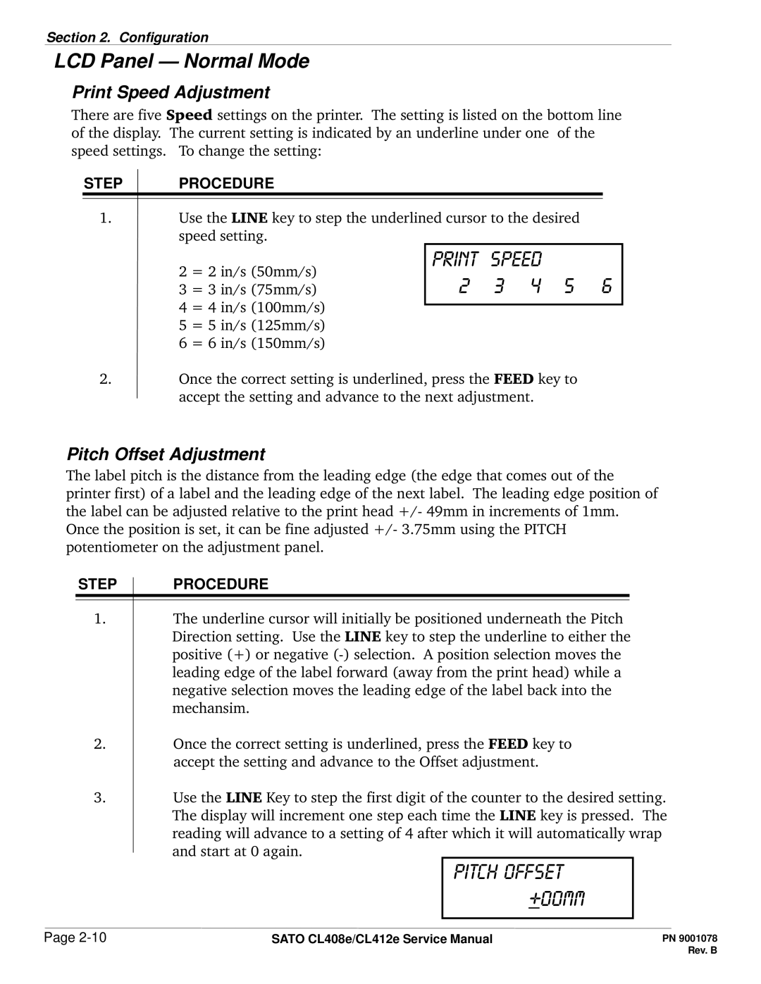 SATO CL412E service manual Print speed 4 5, Print Speed Adjustment, Pitch Offset Adjustment, Step Procedure 