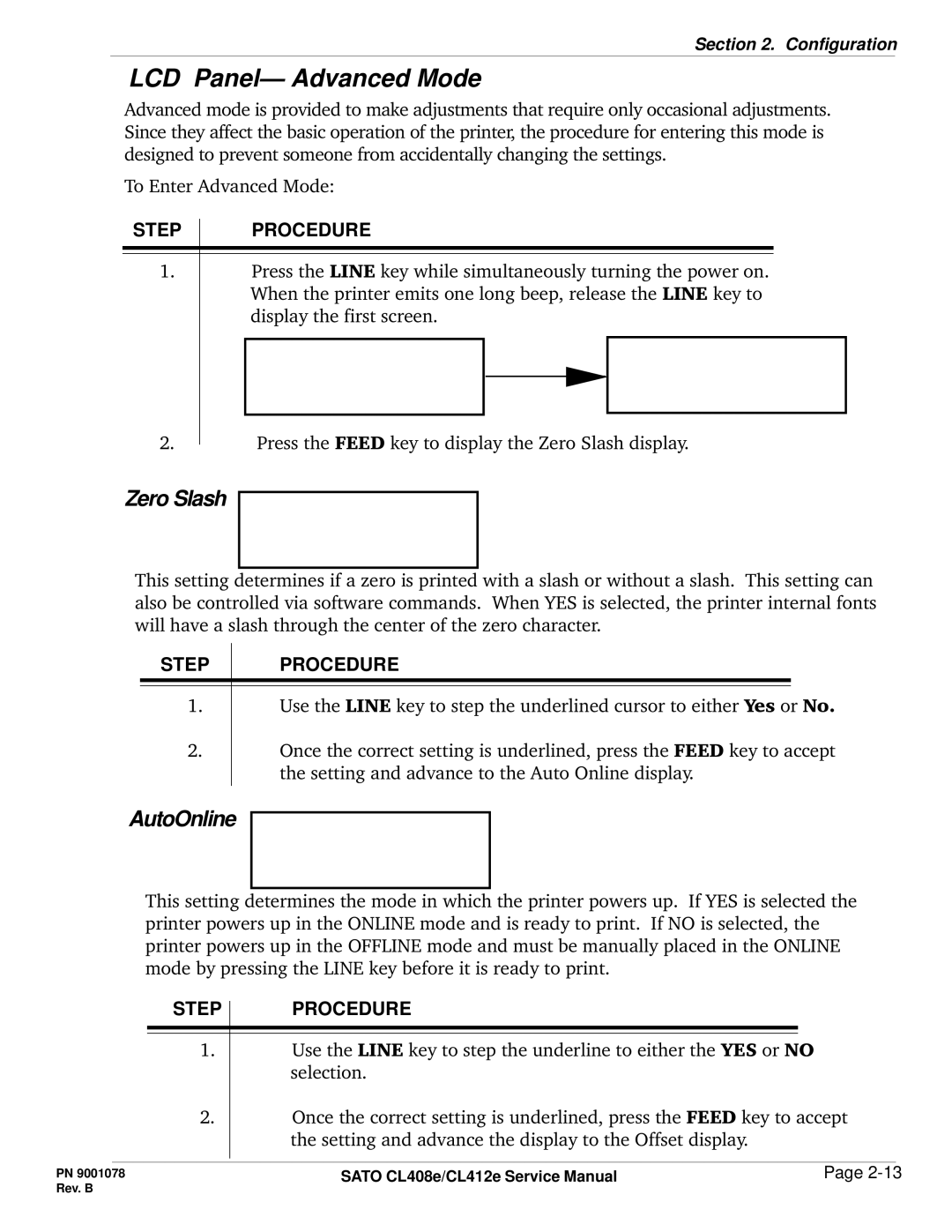 SATO CL412E service manual Initializing Advanced mode Rom, Auto online, LCD Panel- Advanced Mode, Zero Slash, AutoOnline 