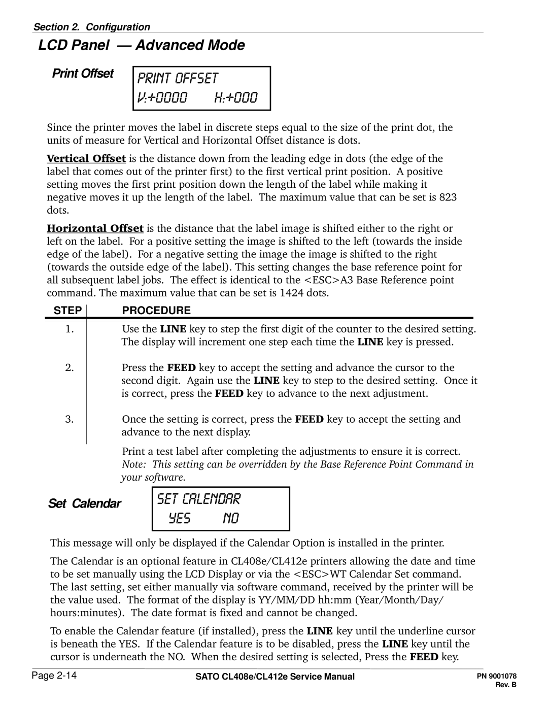 SATO CL412E service manual Print offset, +0000, Set calendar, LCD Panel Advanced Mode 